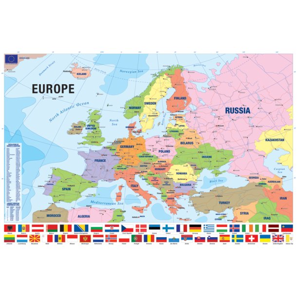 Europakort plakat m/flag